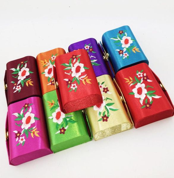 Tragbarer gestickter Schmuck Geschenkbox Kleine Reisespiegelpraxis Hülle Chinesische Seidenbrokat Doppel Lippenstift -Röhren Bastelverpackung 1662000