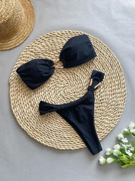 Frauen Badebekleidung sexy Bandeau Bikinis setzt Frauen schwarzer Metalldesigner Push Up Dreieck Badeanzug Brasilianischer Strandanzug Micro 2024