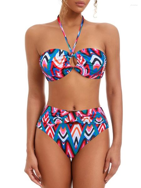 Swimwear femminile 2024 Halter Bandeau Bikini Donne ad alta vita da bagno ad alta vita femminile imbottiti bagni da bagno da bagno da nuoto abitudini da bagno estate