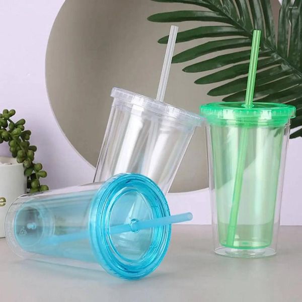 Garrafas de água 1 pc-plástica copos reutilizáveis copos com tampas e palhas de dupla camada caneca suco de caneca de festa aniversário de aniversário