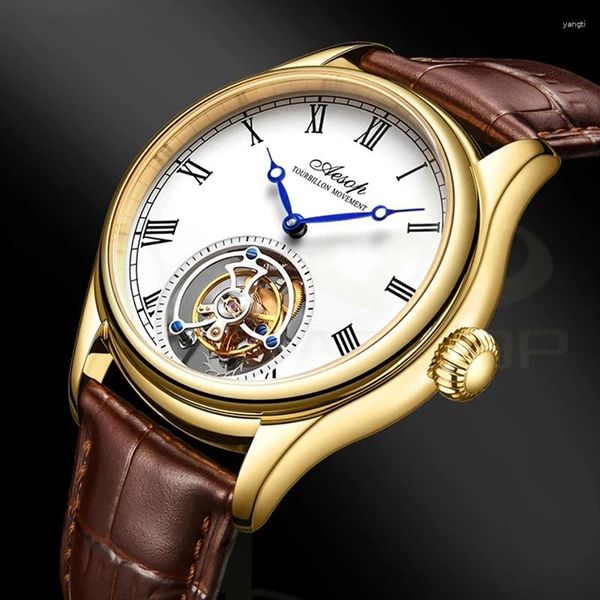 Relógios de pulso Aesop 7021 Tourbillon Watch Men Movimento mecânico Wirstwatches Sapphire impermeável banda de metal à prova d'água Roman Scale Dial