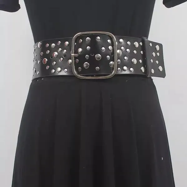 Gürtel Frauen fashion schwarzer echtes Leder Nieten Punk Cummerbunds Weibliche Kleid Korsett