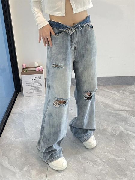 Frauen Jeans gewaschene Loch gerade hellblaues Denim junges Mädchen Streetstyle Baggy Bottoms Vintage Casual Hohose weibliche dünne Hose