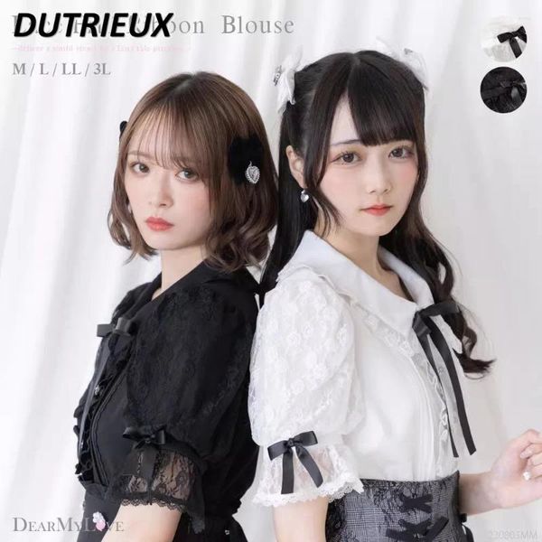 Kadınlar bluz Japon tatlı sevimli alevlendi kısa kollu kurdele bow dantel şifon bluz lolita üst fırfırlı siyah beyaz gömlek Camisa