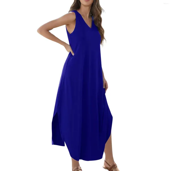 Abiti casual Donne 2024 Summer Speose Dress Abito lungo Abito a colori Solido Sleevelico a V Neck Maglietta Maxi