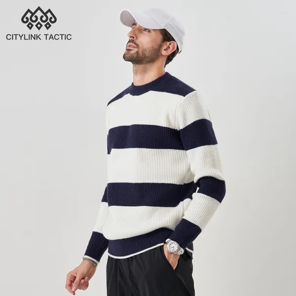 Sweaters masculinos Citylink 2024 Spring Spring Foundation Foundation Casual Stripe Spliced ​​Contrast Round Polhtover Sweater para homens