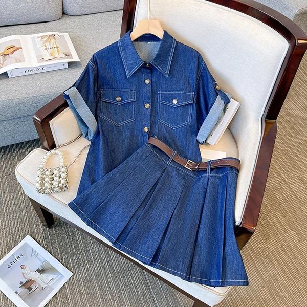 Arbeitskleider Frauen Sommer -Denim -Anzug Shirt Top und Min Faltenrock zweiteilige Set passende Outfits Vintage Blue Lage Größe Modekleidung