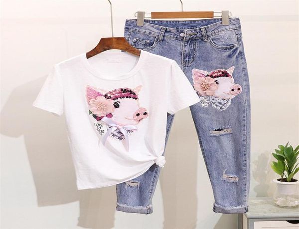 2019 Women Women Beading Cartoon Pig T Cadeiras Jeans Suits Casual Manga curta lantejoulas Tshirt Hole de calça de jeans Set22747527611