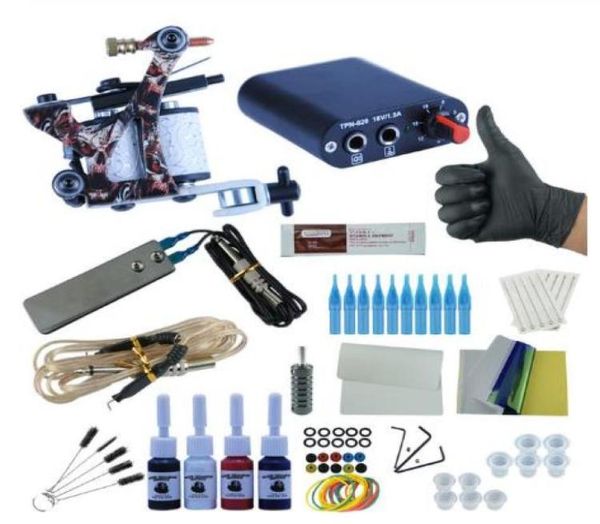 NEU Complete Tattoo Machine Kit Set 2 Spulenpistolen 6 Farben Schwarze Pigmentsätze Power Tattoo Anfänger Grips Kits Permanent Makeup7227683