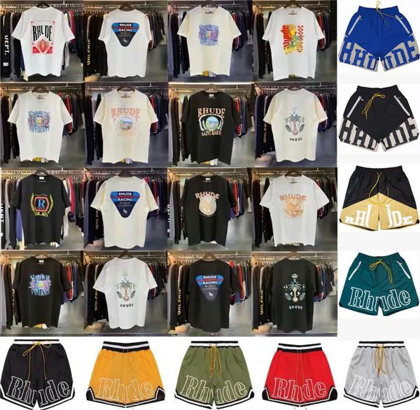 Hot Mens Designer T-Shirt Woman T-Shirts Ss Rhude Short und T-Shirt Set hochwertiges T-Shirt-Herren Frühling Herbstbrief Druck Kurzarm Sport Baumwolle asiatisch Größe