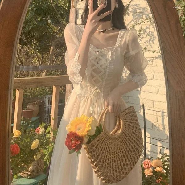 Vestidos casuais Francês Midi Dress Women Women Lace Lace Princesa Party Fairy feminino 2024 Spring Corean Wedding Victorian
