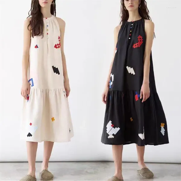 Lässige Kleider Kontrast Farbe Stickerei Spleißen Midi Kleider für Frauen rundes Hals ärmellose Rüschen trimm Damen Long Robe 2024 Sommer