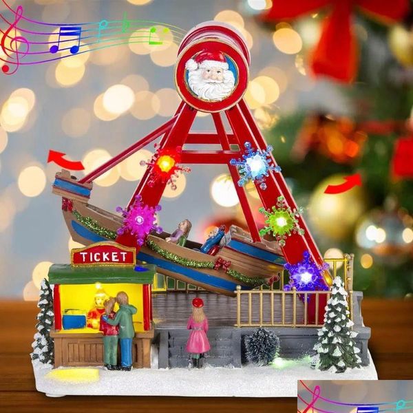 Collezione di villaggi di natalizi Collezione Carnival Ride Babbo Natale Swing Boat con le luci e la stagione musicale Drop Deli Dhokj