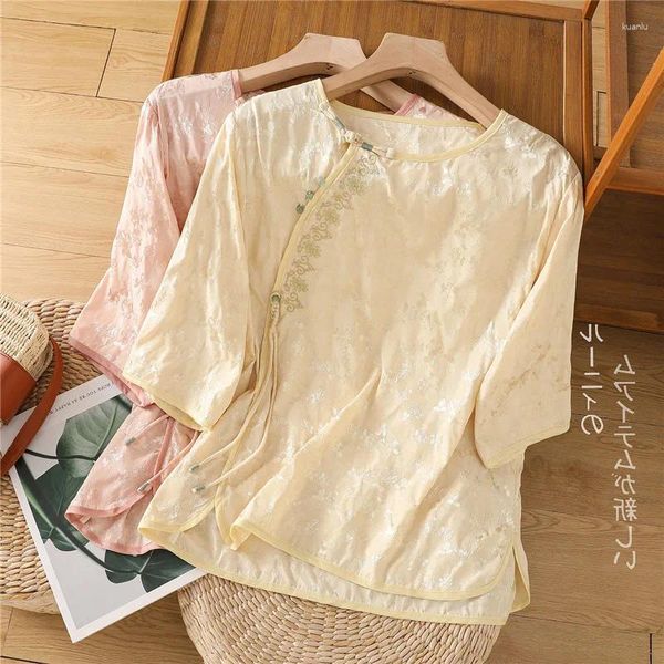 Frauenblusen Limiguyue Sommer Seide Satin Stickerei Frauen Hemd Freilöse losen Kragen Halbarm Jacquard Tassel Chinese E667