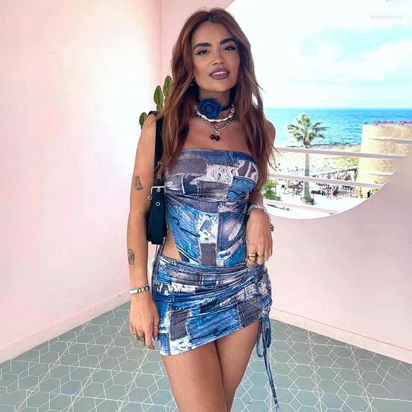 Skirts due pezzi set mini gonna senza spalline Rompers Stampa Shirring Bandage senza schienale Sexy Women Summer Holiday Club Set di streetwear