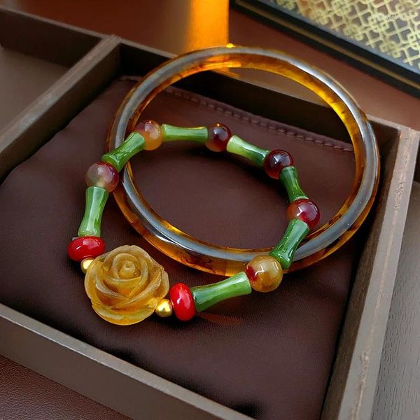 Bangle di bambù fiore acrilico da 2 pezzi per donne 2024 in bracciale vintage alla moda incantesimi di gioielleria