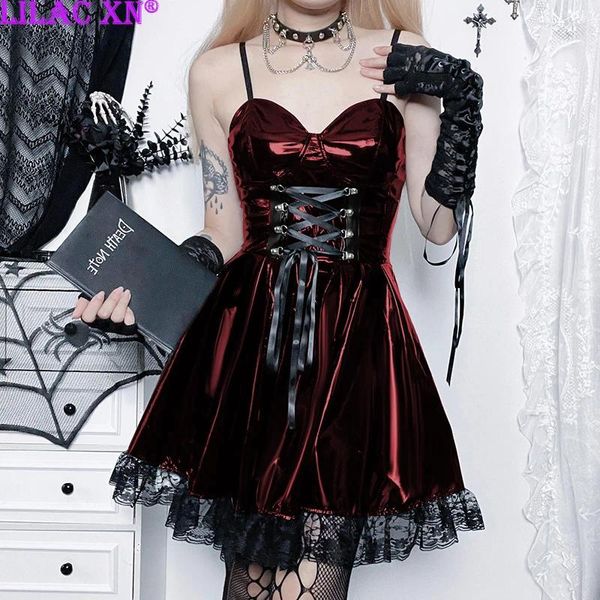 Lässige Kleider y2k sexy rote schwarze pu Leder Verband Party Frauen Goth Vintage Spitzenverkleidung A-Line ärmellose Bodycon Mini Kleid Lolita