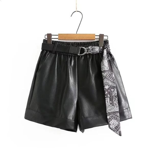 Shorts de couro feminino plus size roupas de inverno Pu solar calças de bota de perna larga com cinto 240420