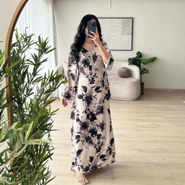 Abbigliamento etnico Stampato floreale Abaya Diamonds Vesto Vesto a V Jalabiya Eid Abito musulmano per donne Capola con corda laterale Kaftan Abito Arabo Arab Long