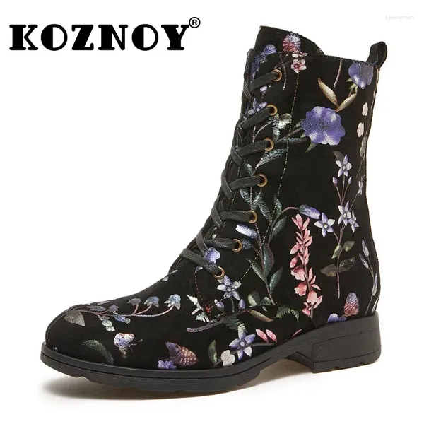 Botas koznoy 3cm de camurça de vaca botas de couro genuíno feminino impressão etono étnico primavera aparteira tornozelo tornozelo calf calf sapatos de moda