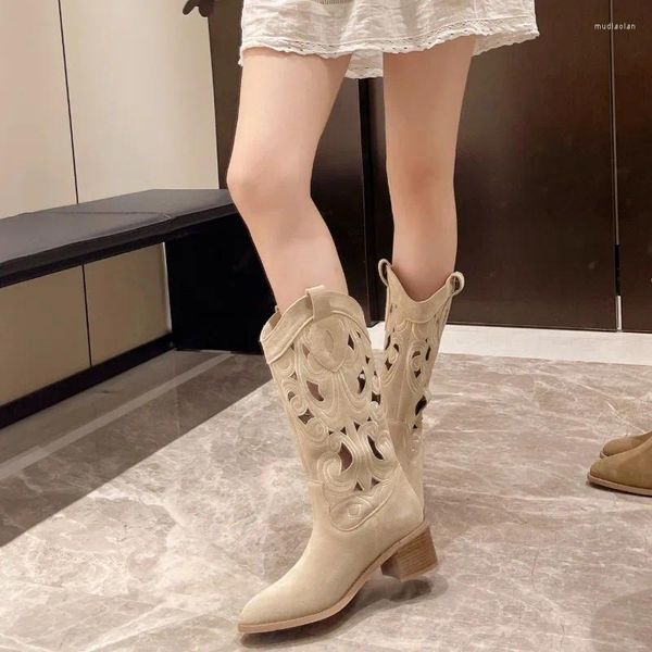 Scarpe casual 2024 Brand Brand Spring Women's Summer Retro Hollow Out Stivali da cowboy tacchi quadrati vintage Cowgirls Mid-Calf Music Festival