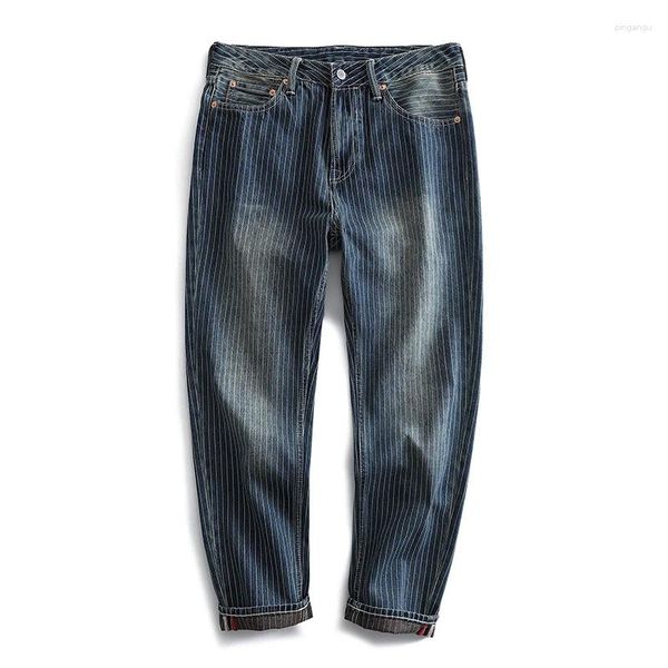 Jeans maschile taglia 40 42 denim a strisce verticali vintage per uomini in difficoltà in difficoltà lavati oversize pantaloni dritti sciolti giovani maschio 24ss y2k