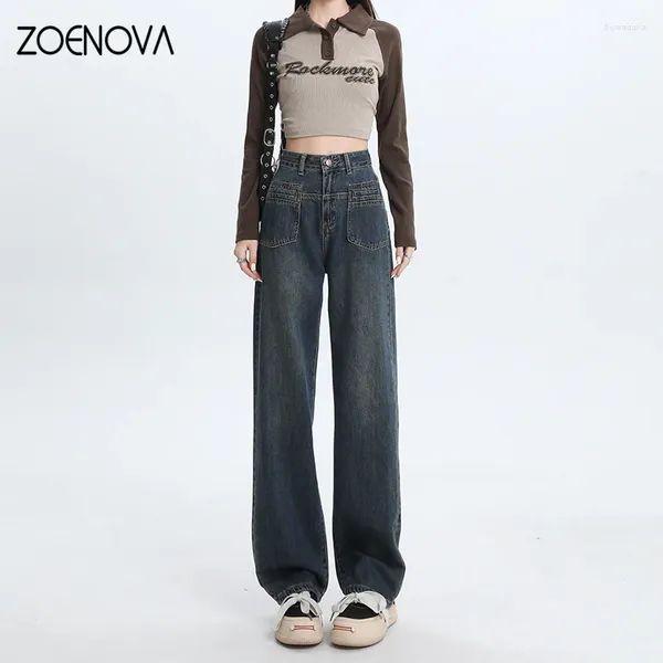 Frauen Jeans Zoenova Herbst Vintage Dark Blue High Taille Women American 2024 Fashion Streetwear Wide Bein Straight Baggy Jeanshose