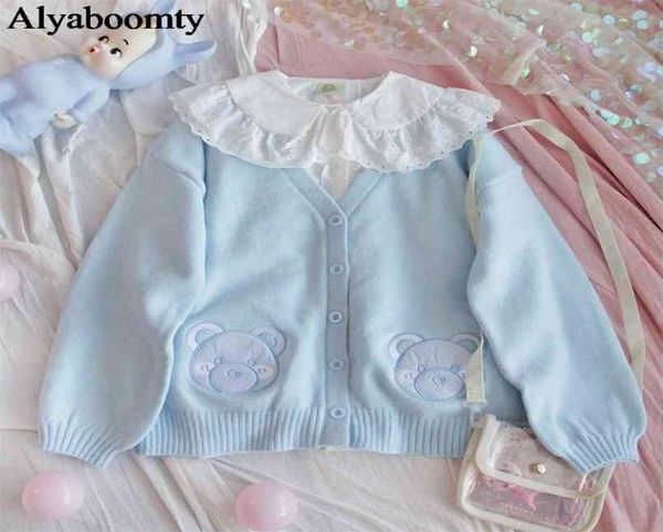 Japaner Preppy Style Frühling Herbst Frauen Pullover Blau Bearpink Animal gestrickt Außenbekleidung Süßes Kawaii Mori Mädchen süße Strickjacke 2105533700