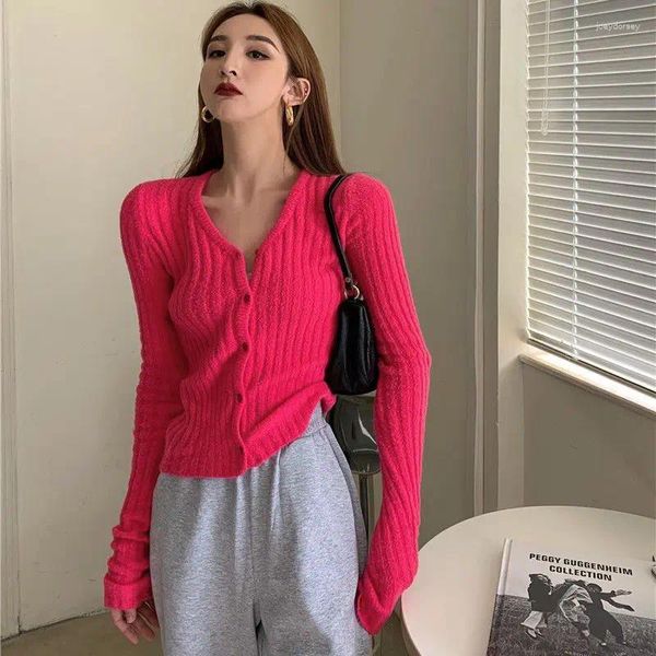 Malhas femininas Cardigã de malha por atacado para mulheres Basic Slim Fit Top Single Bastted Manga Longa Primavera Autumn Vintage Solid Knit THisis