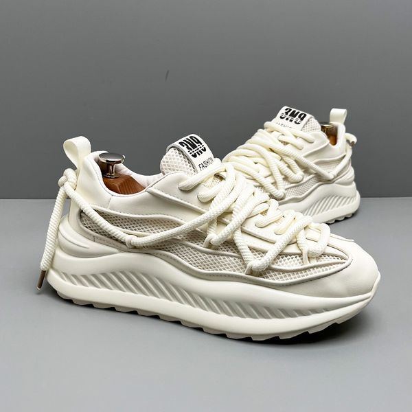 Stil Hochzeitskleid Europäische Party Schuhe Frühling Fashion White Mesh atmungsable Sport Casual Sneakers rund Zeh Dicke Bot 2A86