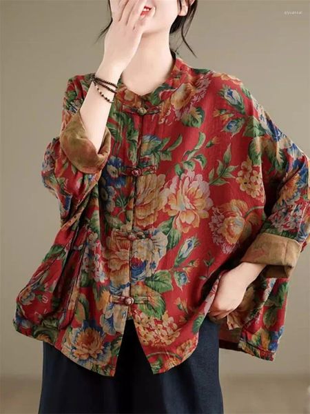 Frauenjacken ethnischer Stil Retro großer Blumenwatte und Leinenhemd 2024 Spring Chinese Button Up Cardigan Bat Sleeve Top Jacke K971