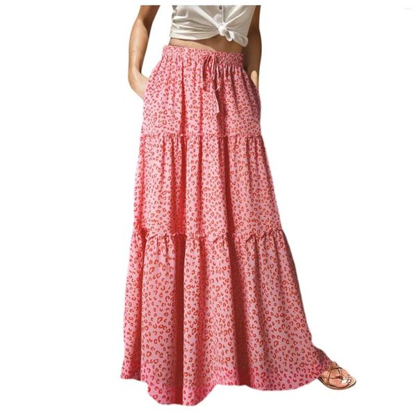 Saias de saia casual de estilo bohemiano de altura maxi de cintura alta com bolsos de cintura elástica na cintura de roupas vestidos de praia