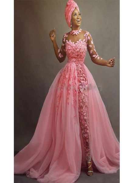 Modest rosa macacão rosa vestidos de baile com apliques de folhas de trem destacável com miçanos no tornozelo de celebridades vestidos de noite tule tule tule dre1589001