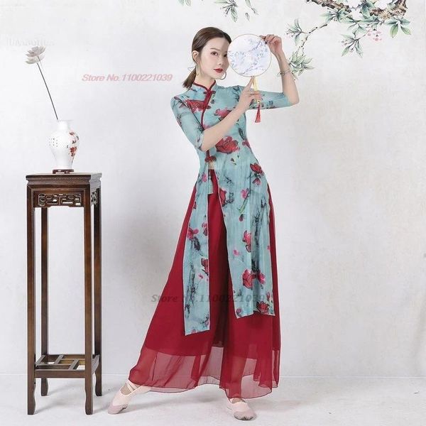 Stage Wear 2024 cinese Folk Dance vintage Costume Flower Print Qipao Tops Pants Set Dress Abito Performance