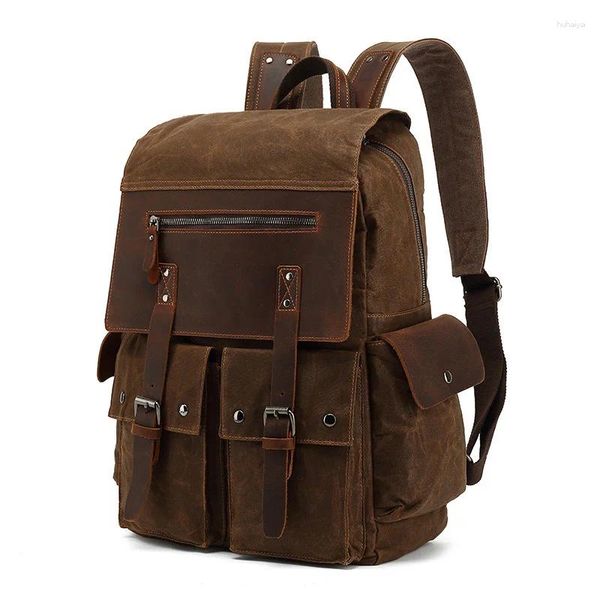 Backpack Couro vintage para homens Mulheres jeans Laptop Rucksack School de viagens de ombro encerado