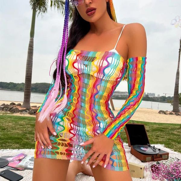 Termo-traje Hollow Out Summer Roupfits Beach Wear Bikini Coverp Ups Fishnet Tops Tops Rainbow Swimsuit Women Mesh Dress