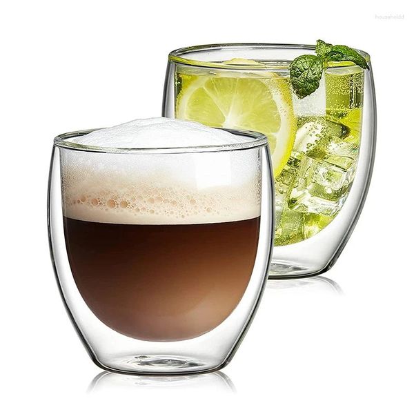 Canecas 2pcs 250 ml de parede dupla xícaras de vidro de 8,5 onças caneca de chá de chá de leite suco de leite bebendo copos de café para cappuccino latte