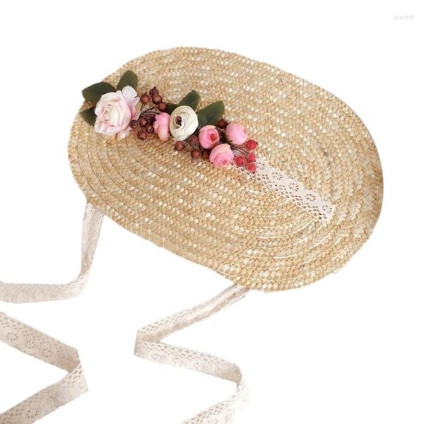 Chapéus largos de borda Lace Sweet Flor Ribbon Selshade Hat Straw Homen Girls Meninas Pastoral Pastoral Telinha