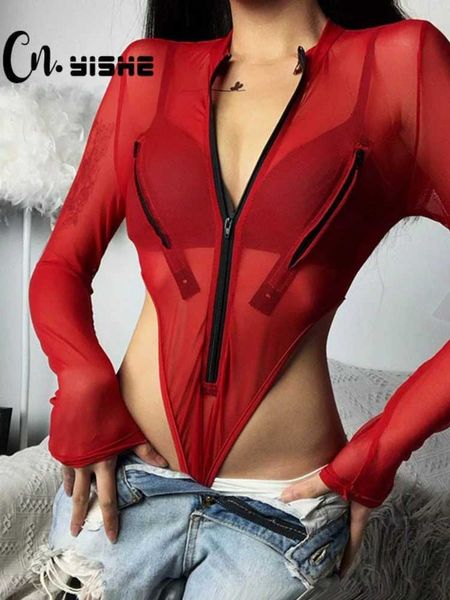 Damen -Jumpsuits Rompers cnyishe sexy Club Bodysuits Frauen Tops Strtwear Red Mesh High Taille Bodysuit Strampler weibliche Körper Basis -Sommer -Outfits Badeanzug Y240504