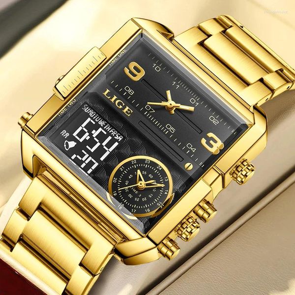 Armbanduhr Lige Top Fashion Männer sehen Gold Steel Sport Square Digital Analog Big Quartz Uhr für Mann Relogio Maskulino Box