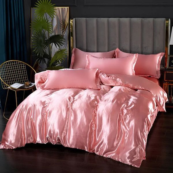 Bedding de seda conjunto com capa de edredão travesseiro de lençol rosa 100% rei linho puro rainha completa tamanho 240415