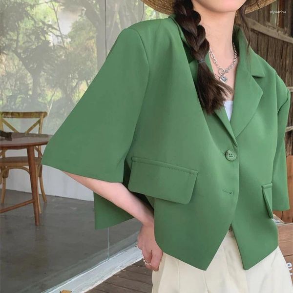 Ternos femininos Moda coreana Blazer verde de verão fino de manga curta para mulheres 2024 CHET CHETUT CRUPTED JACELA FEMAN
