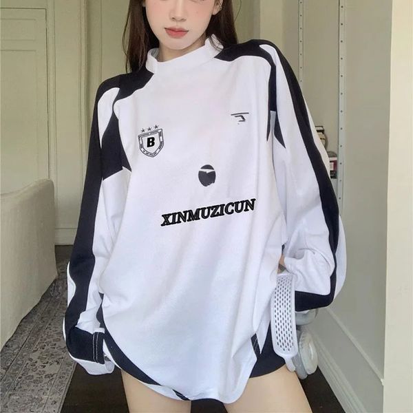 Vintage Mektup Baskı Tişörtleri Kadın Y2K Sonbahar Kore Hip Hop Sokak Giyim Patchwork Uzun Kollu Top Gevşek O Boyun Beyzbol Tees 240504