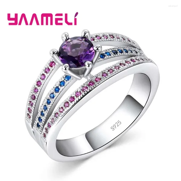 Rings de cluster luxuoso belo roxo redondo cristal geométrico anel de anel Cerimônia de festa Jóias 925 prata esterlina para menina
