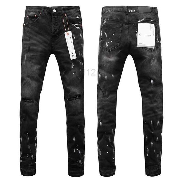 Jeans masculinos EUA Men Street Use Old Black Grey Jean Rip Paint Ink Jet Micro Pocket Pocket Slim Fit Button Fly Purple Man Designerq0K8