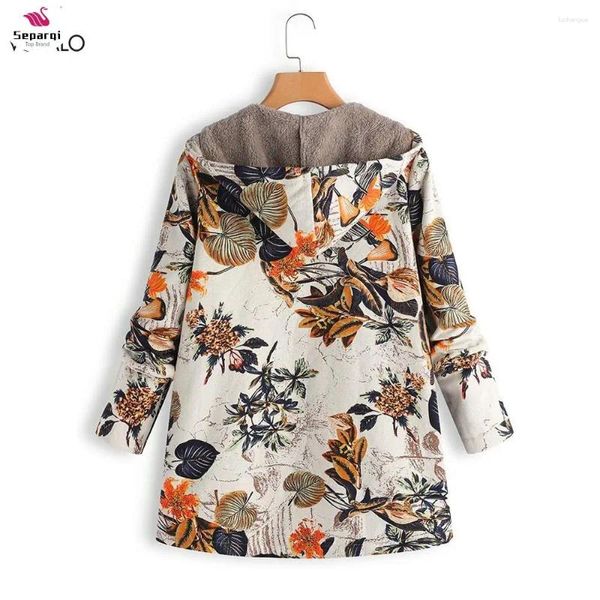 Jaquetas femininas 5xl Coat Winter Whiod Fel com capuz de jaqueta floral feminina Mulheres vintage de manga comprida bolso feminino de bolso superdimensionado