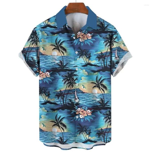 Herren lässige Hemden Hawaii Shirt Kokosnussbaum Beach Muster 3D Printed Tops Sommer Fashion Holiday Short Sleeves Revers Button Kleidung