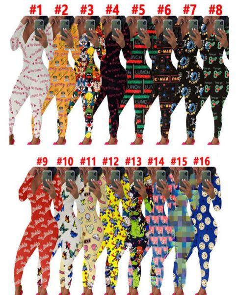 2020 Frauen Herumn Overalls Bodysuit Workout Knopf dünne Print Vneck Long Sleeve Long Hosen Onesies 60922397877