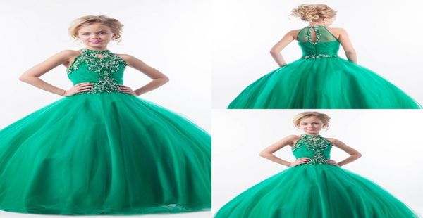 Abiti da concorso di ragazze verde smeraldo Halter High Neck Tulle Crystals Crystals per bambini Appliques Glitz Flower Girls Drees6920702