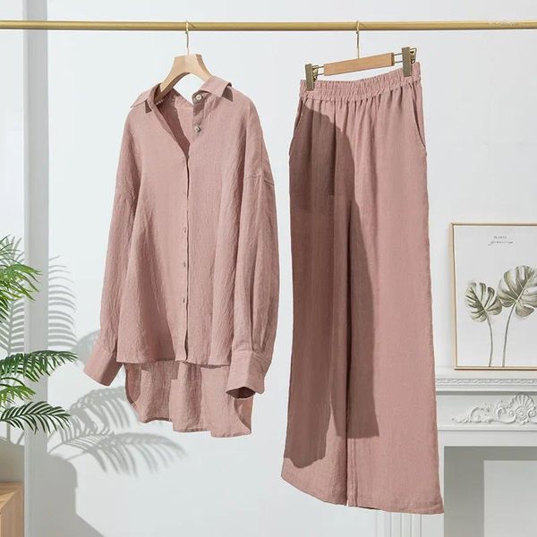 Damen zweisteuelhafte Hosen Sommer Baumwolle Leinen Hemd Set Langarm Vintage Solid Color Sonnencreme Top Zen Japaner Großhandel